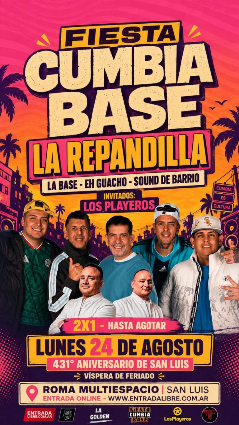 Se viene una de las fiestas más esperadas del año: Cumbia Base llega a San Luis con La Repandilla, La Base, Eh Guacho y Sound de Barrio, más los invitados Los Playeros. 👀