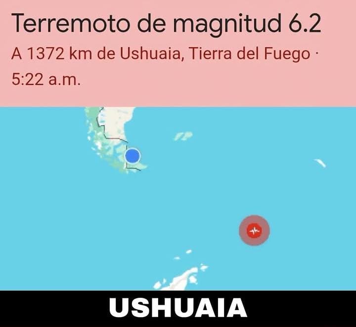 SISMO DE 6,2 EN EL EXTREMO SUR: SE REGISTRÓ MAR ADENTRO A MÁS DE 1.300 KM DE USHUAIA