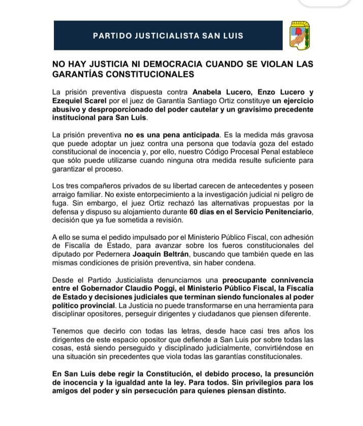 El PJ San Luis denuncia «connivencia» entre Poggi y la Justicia por la prisión preventiva de tres militantes